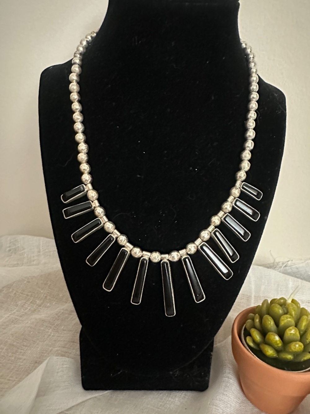 Vintage Taxco Cleopatra Style Sterling Silver Bead Necklace with Black Bar Drops